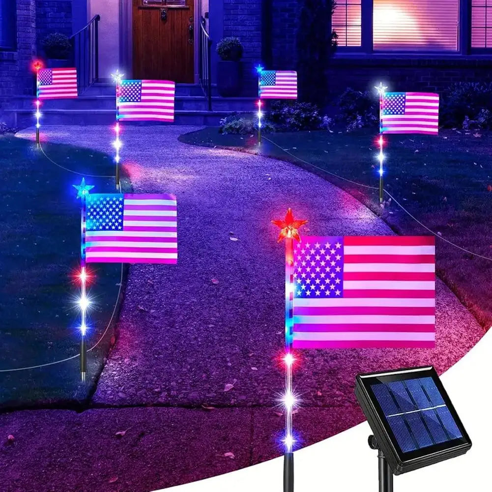 6/8 Connected in 1 Solar American Flag Pathway Stake Lights LED Outdoor Yard Garden Decorations