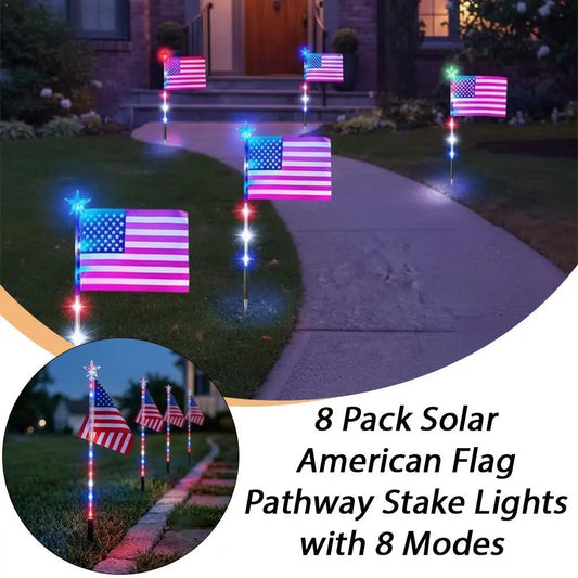 6/8 Connected in 1 Solar American Flag Pathway Stake Lights LED Outdoor Yard Garden Decorations